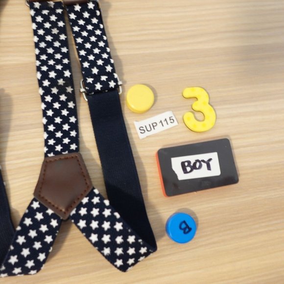 Suspender Boy Blue Dark White Button Leather Y Back Adjustable Stretch Star Fun - Picture 7 of 7